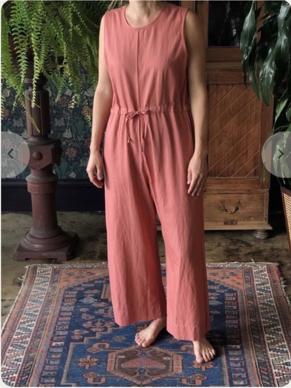Ali Golden Slit Back Sleeveless Jumpsuit L Drawstring Waist Cotton Rose Beachy